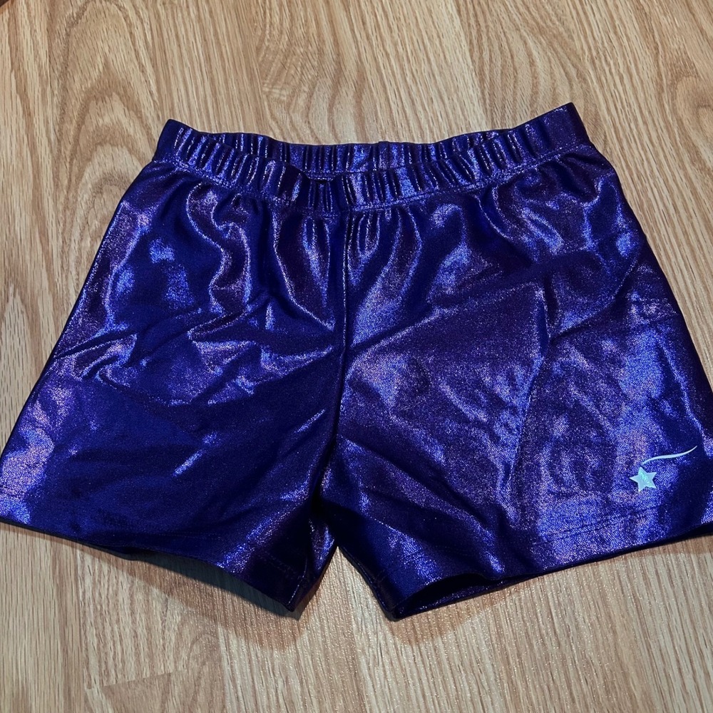 Destira Girls Purple Metallic Gymnastics Shorts Sparkle Star Logo Adult Small